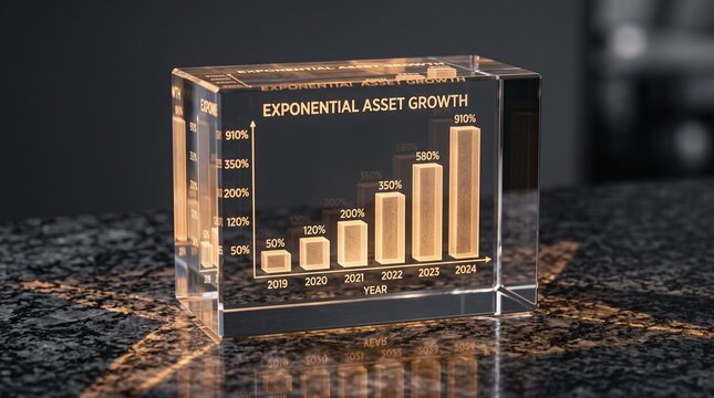 Crystal block displays a glowing golden bar chart representing exponential asset growth on a dark, reflective marble surface.