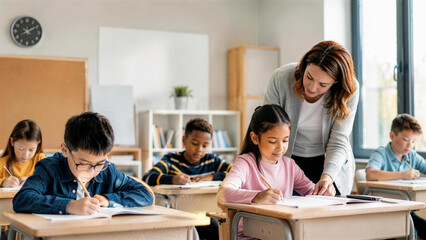 Fototapeta premium Teacher Helping Elementary Students During Classroom Lesson