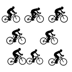 Obraz premium Cyclists set with silhouetted figures and dynamic vector illustration featuring various riding positions, modern style, clean lines with monochromatic black and white palette and minimalist mood