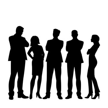 Silhouetted figures set with standing individuals featuring diverse poses, varied attire, sharp lines with monochromatic black and clean design