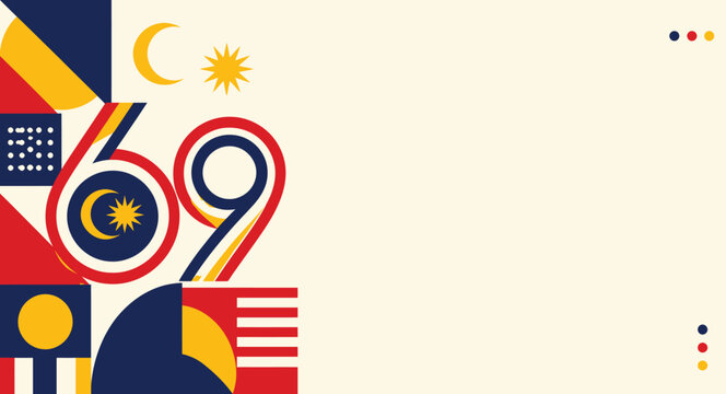 Geometric vector illustration featuring the number sixty nine with traditional malaysia flag colors and symbols