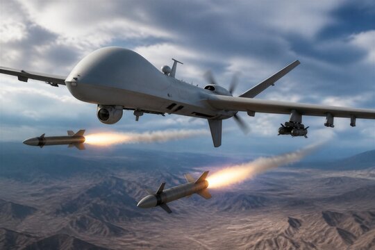 Military drone launching missiles over desert terrain