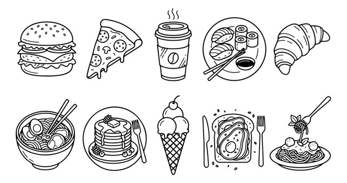 Hand drawn food icons set, black and white doodle illustrations of fast food and cafe meals, 10 vector line art elements for restaurant menus