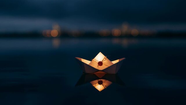Glowing paper boat floating on calm dark water at night for romantic and spiritual content