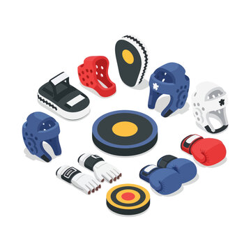Colorful martial arts protective gear and equipment set.