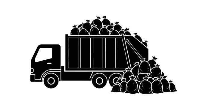 Vector illustration of garbage truck loaded with trash bags on a transparent background