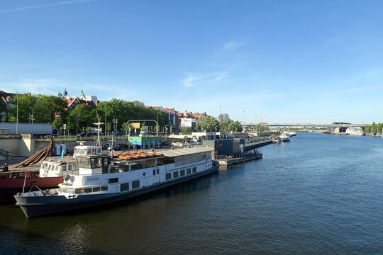 Szczecin, Poland. The Oder is a river in central Europe that rises in the Czech Republic. It flows in a general northwesterly direction, crossing the Silesian Plain (Poland).