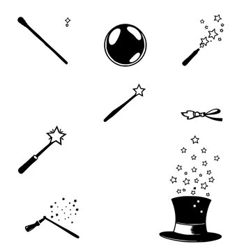 Magical objects set with 9 black and white vector illustrations arranged in a 3x3 grid featuring wands, stars, and top hats with stars bursting out with crystal balls and wonder