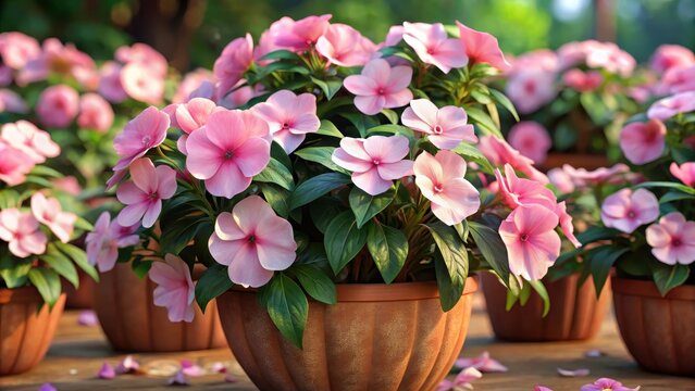 Pale pink impatiens flowering plants in the pot garden