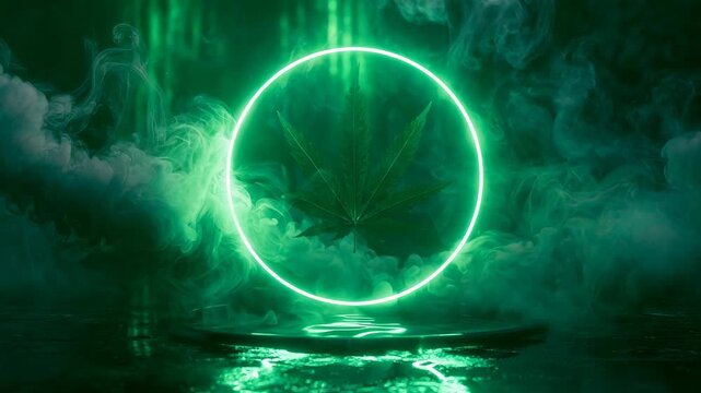 Cannabis leaf glowing inside neon circle with swirling smoke on dark green background for marijuana and CBD content