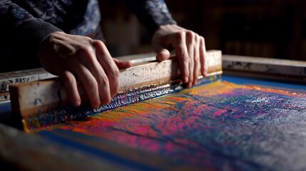 Naklejka premium Close up of a person using a wooden squeegee to apply colorful ink onto a screen printing frame in a workshop