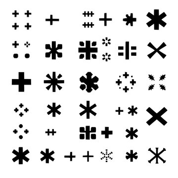 Star and asterisk symbols set with 36 unique black symbols in 6x6 grid on white background featuring star, asterisk, geometric patterns with line art and minimalist design
