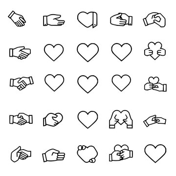 Kindness icons set with 24 simple black and white line illustrations arranged in a 6x4 grid featuring handshake, heart, donation symbols with generosity and community