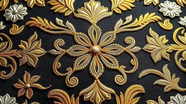 Intricate floral and geometric embroidery on charro jacket, gold and silver thread detail.