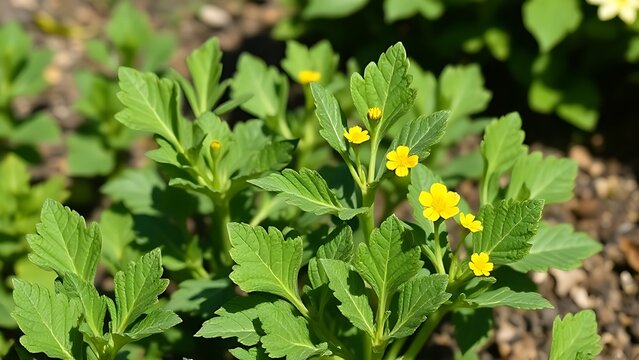 Fresh lovage plant with celery-like leaves and yellow flowers in a garden bed.