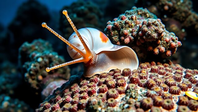 Triton snail extending its tentacles on a coral reef with a visible spiral shell.