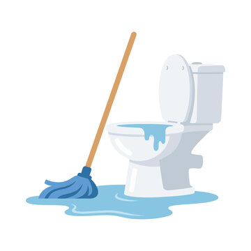 Overflowing white porcelain toilet bowl with a blue mop on a clean white background with water