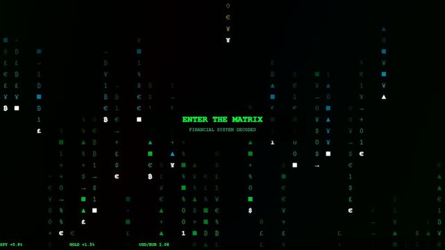 A dynamic interface for financial wellness apps displays falling green currency symbols and matrix data code representing the evolving digital economy and global market analysis stream