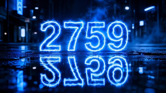 Futuristic Blue Neon Number 2759 Glowing on Wet Street Night Background