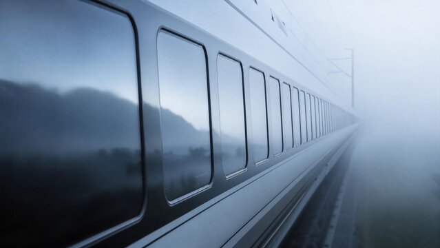 High-Speed Modern Train Passing Through Thick Morning Fog
