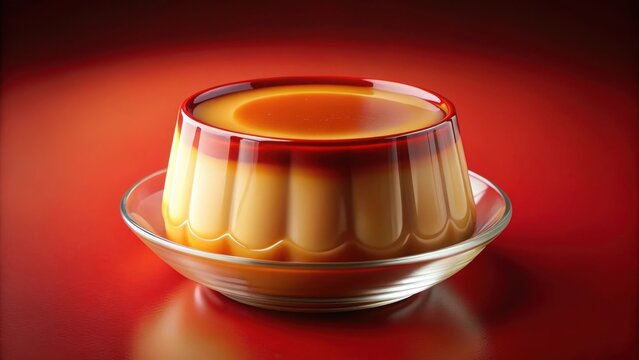Retro japanese caramel custard pudding on a glass cup with red background