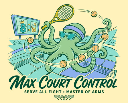 Retro cartoon illustration of a cool green octopus wearing sunglasses and a headband while playing tennis, juggling multiple balls with its tentacles on a blue court with a scoreboard.
