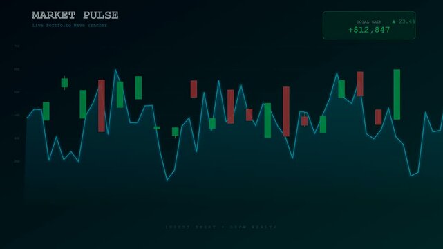 Using modern financial wellness apps, this animation displays a live portfolio wave tracker with fluctuating stock market candlesticks and increasing profit margins on a dark interface.