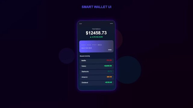 User experience within financial wellness apps is displayed via a sleek mobile dashboard showing shifting account totals and transaction history amidst glowing dark background elements.