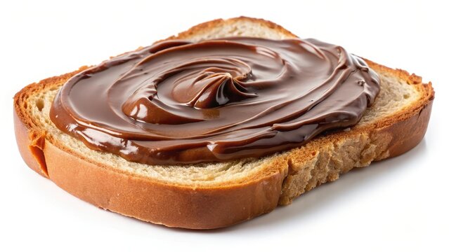 Slice of bread with chocolate spread isolated on white background side view shot
