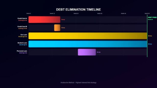 Modern financial wellness apps visualize a debt elimination timeline using animated color bars that grow across the screen to signify loan repayment success over time.