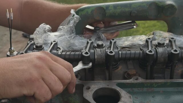 Mechanic adjusting engine valves using wrench and feeler gauge