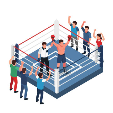Boxing match in ring with cheering crowd and referee.