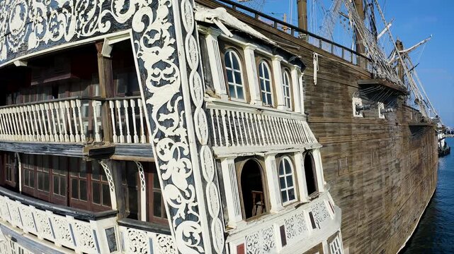 Details in aerial view of a replica of the 18th century Spanish combat galleon.