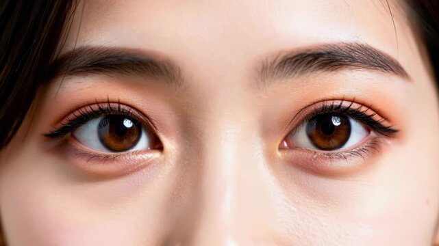 Close-up of a Woman's Eyes: A captivating, detailed close-up shot focusing on a woman's expressive brown eyes, framed by perfectly shaped eyebrows and enhanced with subtle makeup.