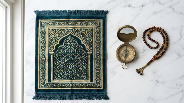 Muslim Prayer Rug with Qibla Compass and Tasbih Beads