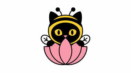 Fototapeta premium Cute Black Cat Character in Bee Costume Peeking from Pink Lotus Flower, Flat Vector Illustration with Yellow and Black Accents, Whimsical and Playful Design