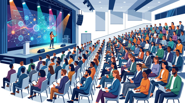 Business woman presenting on stage to large audience in auditorium