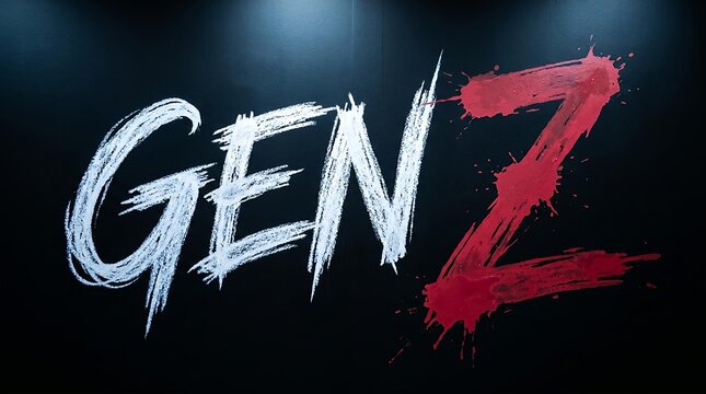 Gen Z text in white chalk and red paint splatter style on a dark black background. Generation Z youth culture concept.