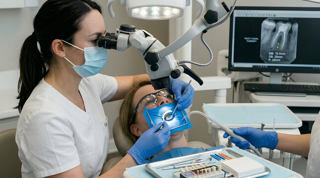 Root canal treatment procedure under dental microscope