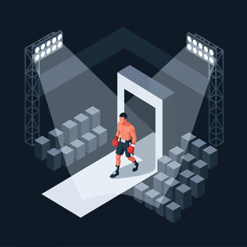 Boxer entering ring under bright stadium lights.