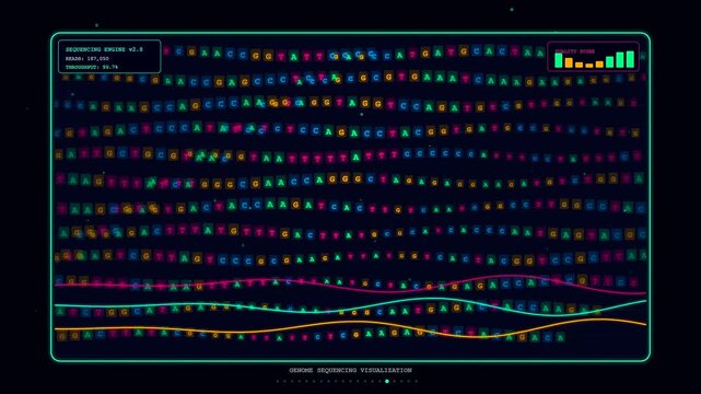 Dynamic scrolling and pulsing elements within a bioinformatics genome analysis interface reveal complex biological sequences processed by a high performance laboratory computer software system.