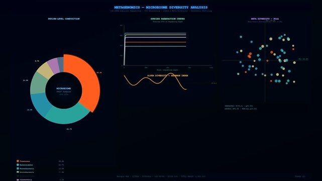 A sophisticated bioinformatics genome analysis dashboard displays dynamic data visualizations using donut charts and line graphs representing microbial diversity in a research setting.