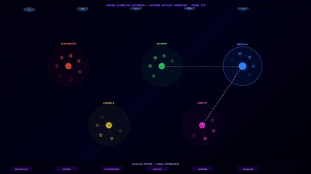 This scientific animation of bioinformatics genome analysis shows complex molecular signaling pathways appearing across a dark digital interface as data nodes connect with dynamic lines.