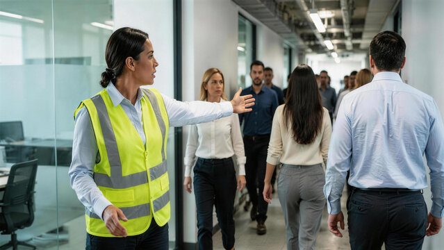 Safety Coordinator Guiding Office Workers During Emergency Evacuation Drill