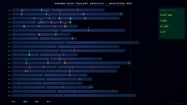 A detailed Bioinformatics genome analysis animation shows the progression of data mapping across human chromosomes on a dark digital interface for medical research and genetic study.