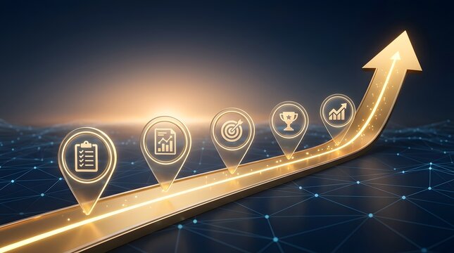 Glowing golden upward arrow path with business milestone pin icons. Concept of corporate financial growth, career success journey, and development.