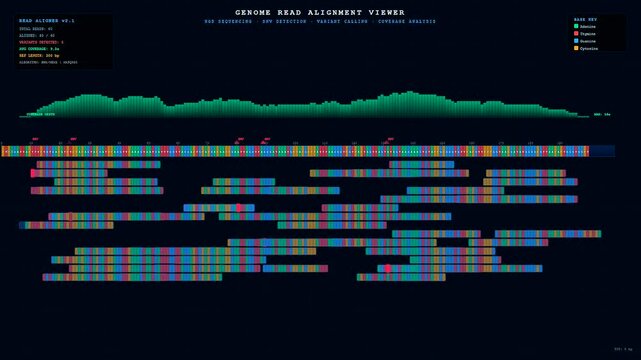 This digital visualization of a bioinformatics genome analysis showcases sequences of DNA shifting across the screen in a dark modern scientific laboratory interface for research.