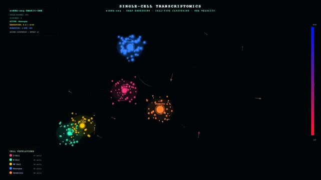 This digital visualization of bioinformatics genome analysis shows dynamic cell clustering movements and RNA velocity vectors across a dark background for scientific data research purposes.