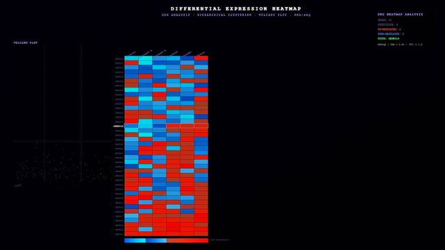 The dynamic movement in this bioinformatics genome analysis screen shows color coded data points populating a differential expression heatmap during a complex laboratory experiment.