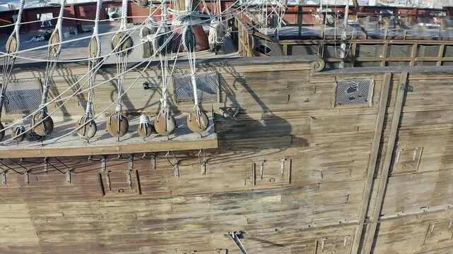 Details in aerial view of a replica of the 18th century Spanish combat galleon.